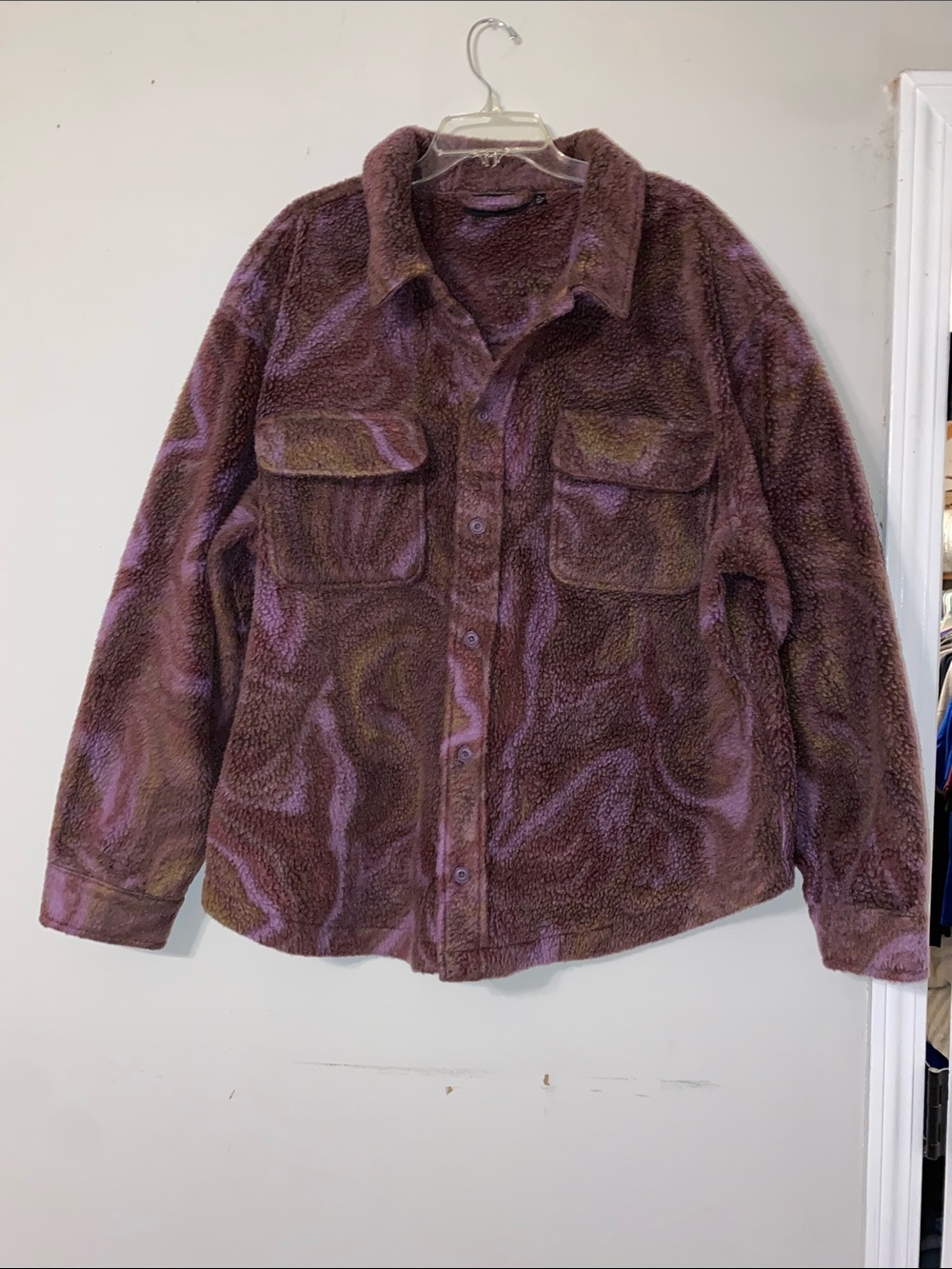 No Boundaries Women's Plush Sherpa Jacket in Purple and Brown Swirl